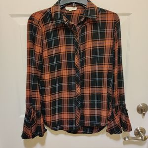 Plaid Shirt, button down, long sleeve with ruffle at the cuff.